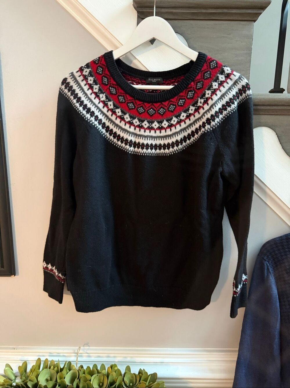 Talbots Black & Red Faire Isle Crewneck Cotton Sweater sz LP EuC
